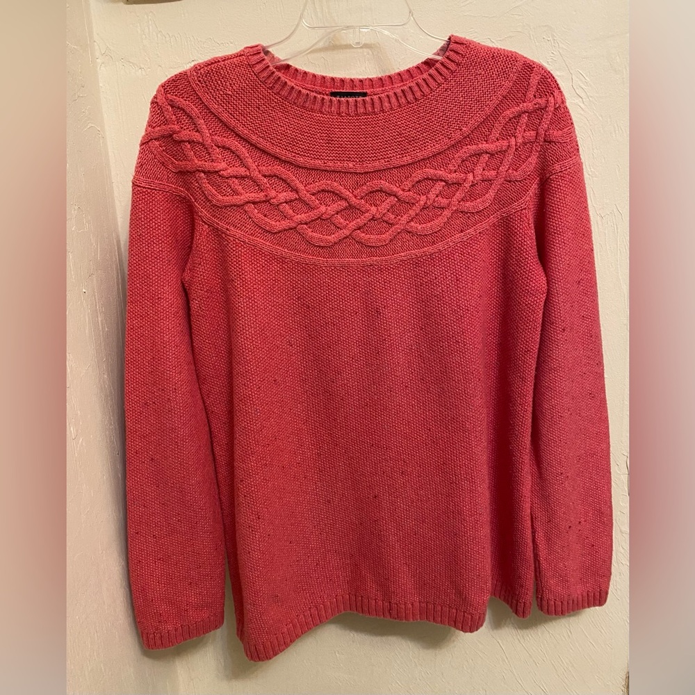 Talbots Medium Coral Pink Tweed Cable Yoke Pullover Sweater